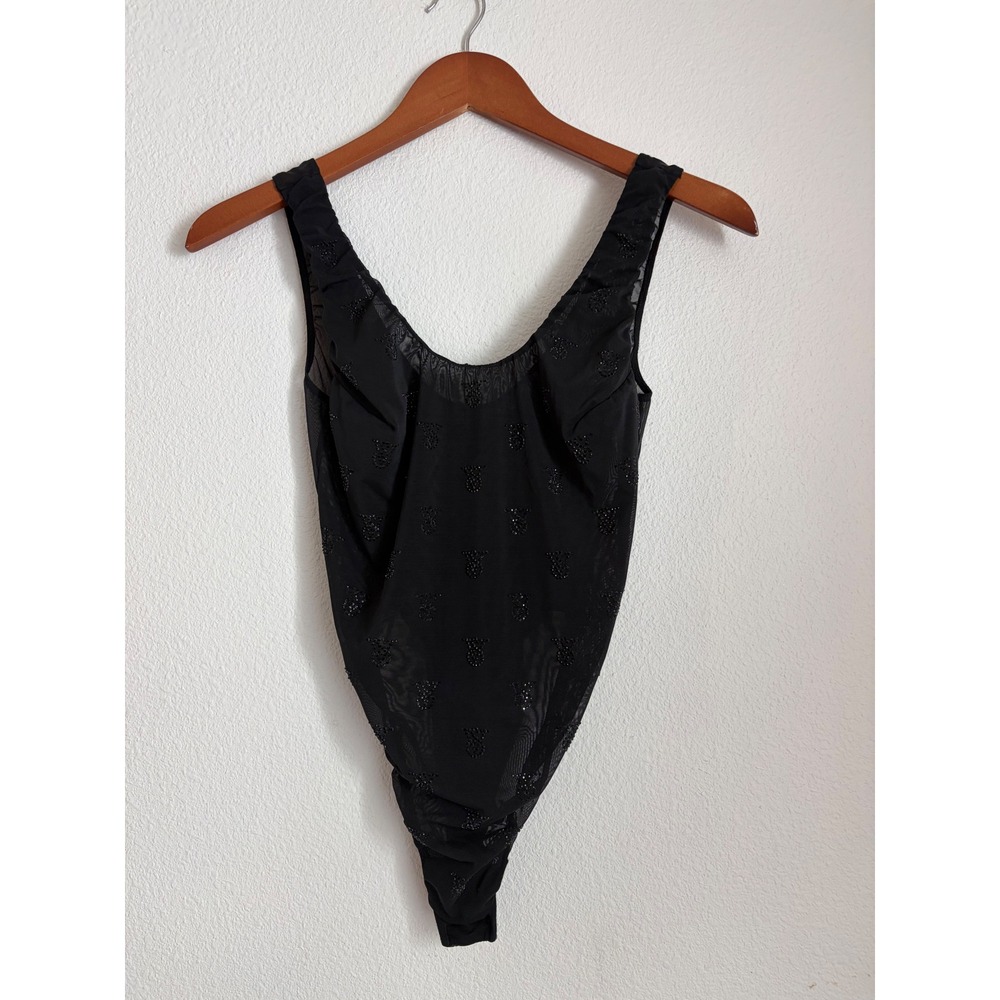 Victoria's Secret Black Mesh Rhinestone Logo Bodysuit‎ Teddy 11227037 Small